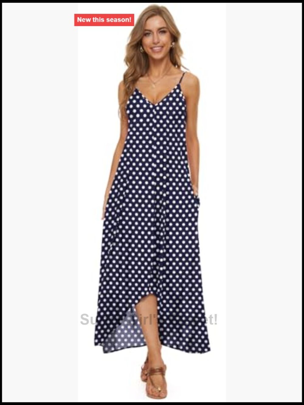V-Neck Polka Dot Print Spaghetti Strap Boho Long Maxi Dress - Picture 2 of 7